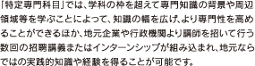 「特定専門科目」では、学科の枠を超えて専門知識の背景や周辺領域等を学ぶことによって、知識の幅を広げ、より専門性を高めることができるほか、地元企業や行政機関より講師を招いて行う数回の招聘講義またはインターンシップが組み込まれ、地元ならではの実践的知識や経験を得ることが可能です。